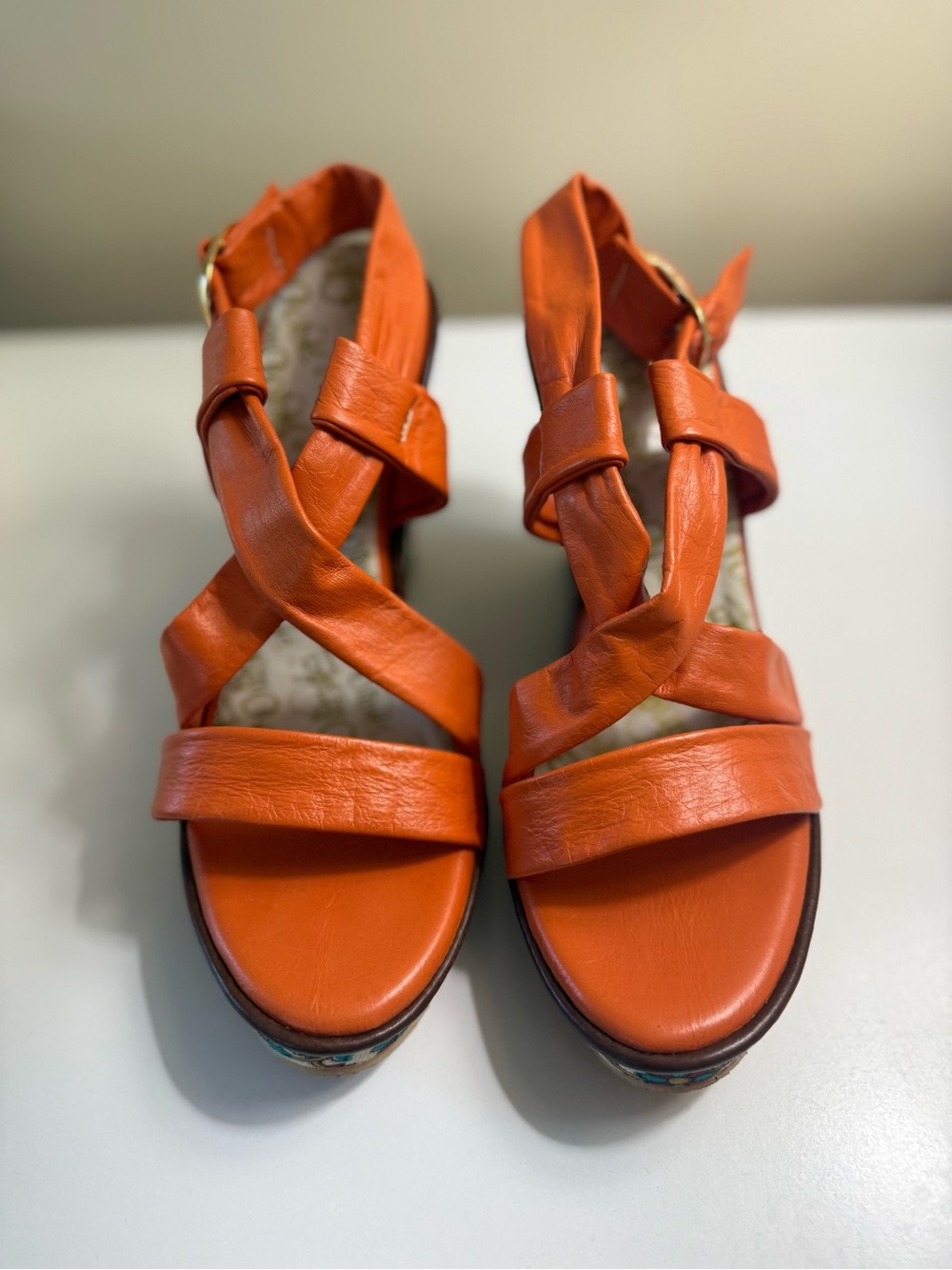 Orange Tapestry Patterned-Platform Wedge Sandals with Cross Straps- Size 8 - Picture 12 of 12